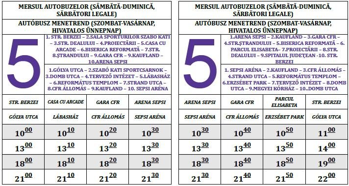 Mersul autobuzelor linia 5, sâmbătă–duminică (2018)
